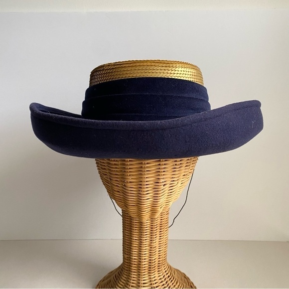 Vintage 90s Whittall & Shon Wool Sequin Hat Navy Blue Gold Wide Brim - Picture 4 of 14